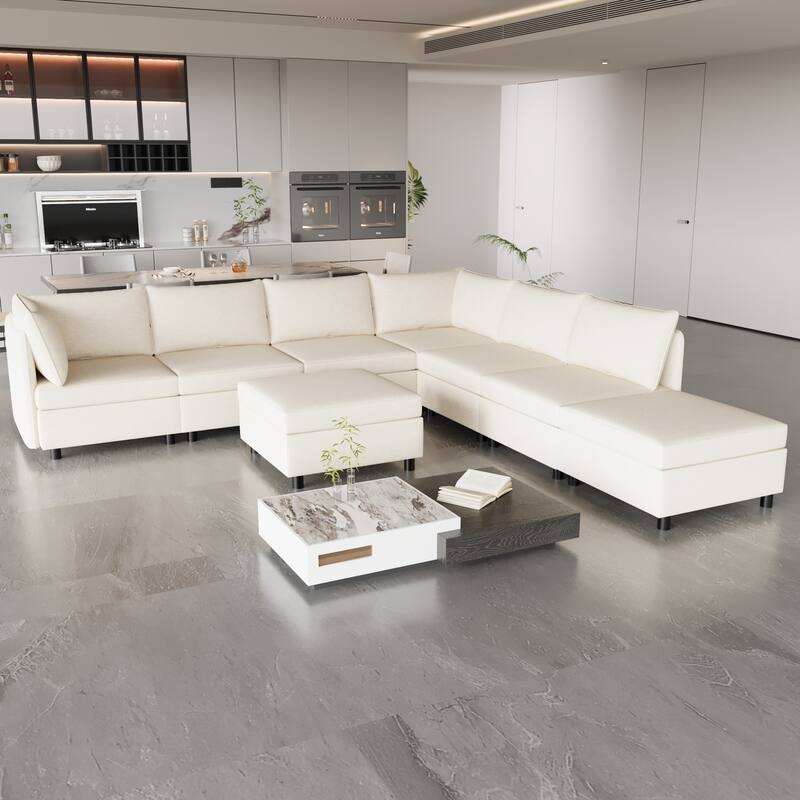 129'' Convertible 8-Seat Modular Sectional Sofa with Storage Ottoman and Comfortable Sleeper Options