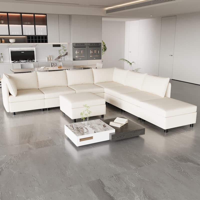 129'' Versatile 8 Seater Modular Sectional Sofa Set, Convertible Design with Storage Ottoman, Soft Fabric Upholstery