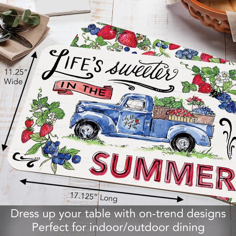 Sweet Summer 4 Pack Reversible Easy Care Flexible Plastic Placemats Made in The USA BPA Free Easily Wipes Clean