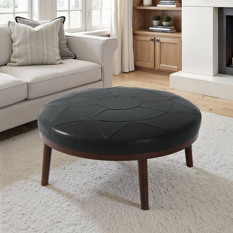 UIXE Full Grain Genuine Italian Leather Round Ottoman Modern Oversize Side Tble - Black