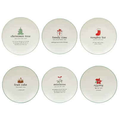 Certified International Christmas Fun Green Sayings 8.5" Dessert Plates, Set of 6 Assorted Designs - 8.5-inch