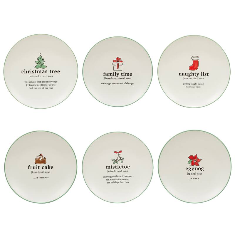 Certified International Christmas Fun Green Sayings 8.5" Dessert Plates, Set of 6 Assorted Designs - 8.5-inch