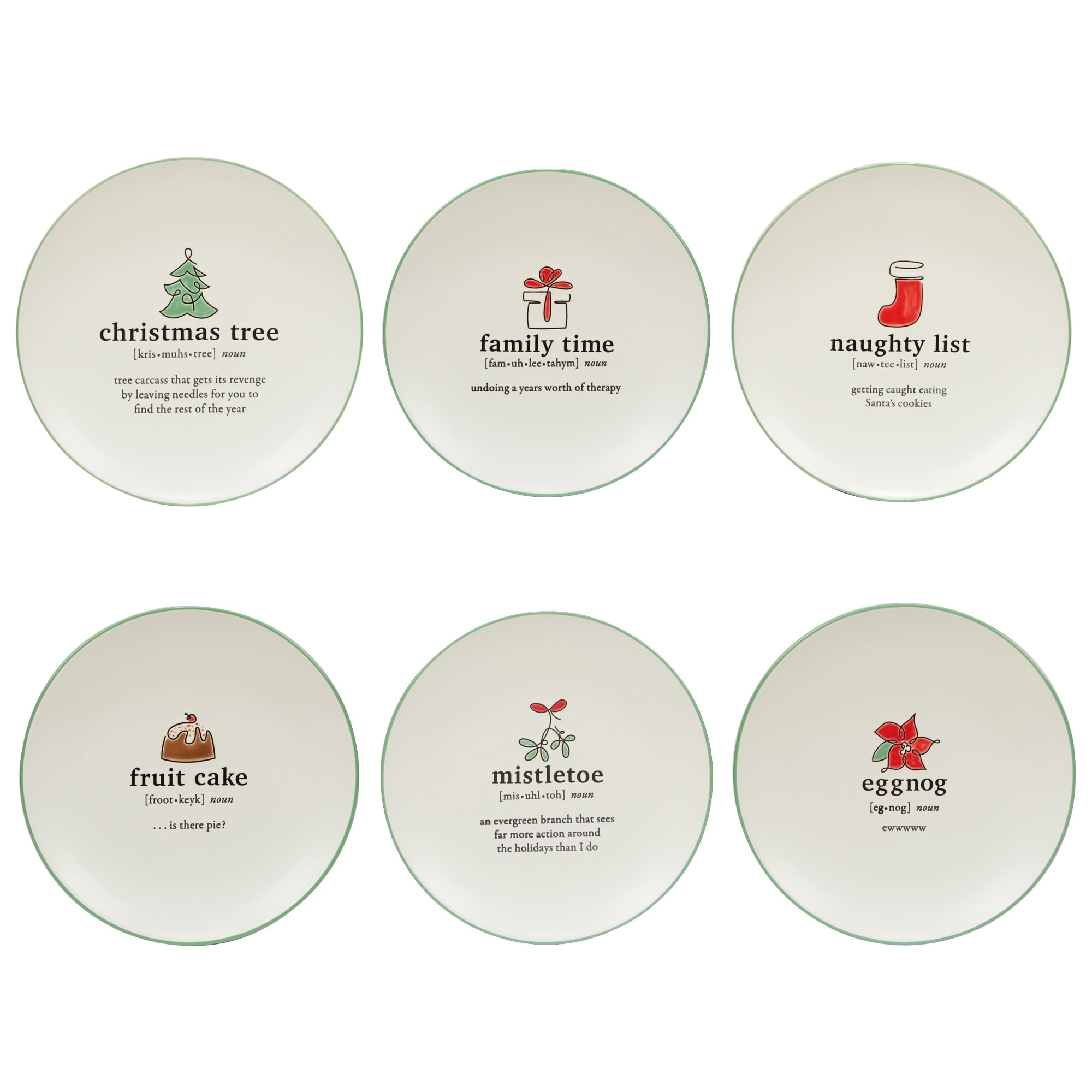 Certified International Christmas Fun Green Sayings 8.5" Dessert Plates, Set of 6 Assorted Designs - 8.5-inch