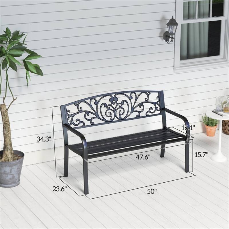 Outdoor Steel Garden Bench with Floral Backrest Two Seat Patio Seat for Yard Porch and Garden - 50" L x 23.5" W x 34.25" H - Black