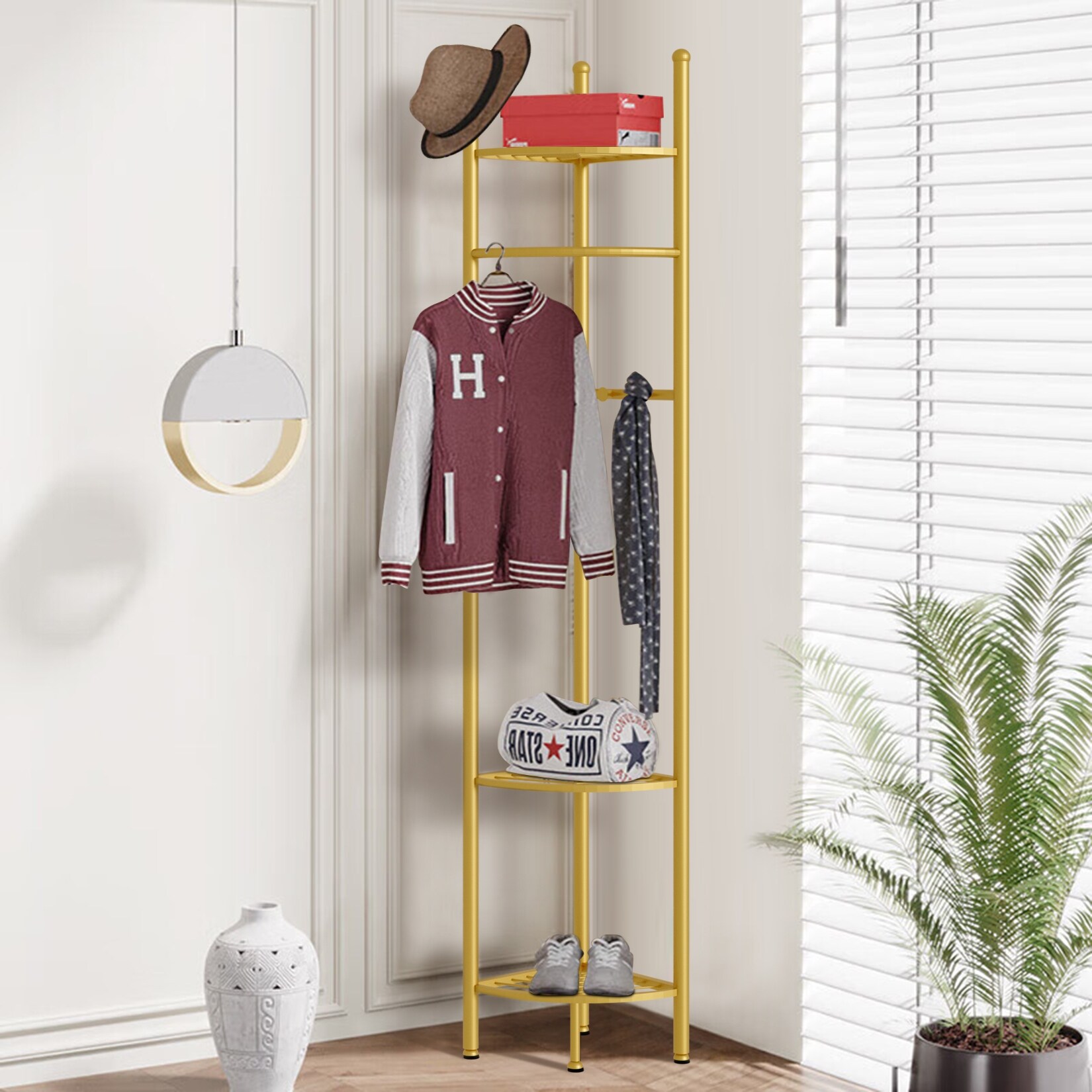 Metal Corner Floor Shelf Entryway Coat Rack Storage Display Rack
