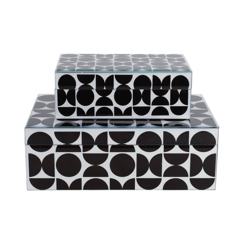 Decorative Abstract Pattern Box with Lid - Set of 2, 11", Black - 11.0"