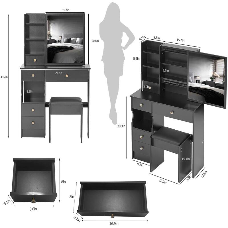 Vanity Desk with Sliding Mirror, Makeup Table with Drawer and Multi Layer Storage Rack, Vanity Set with Cushioned Stool