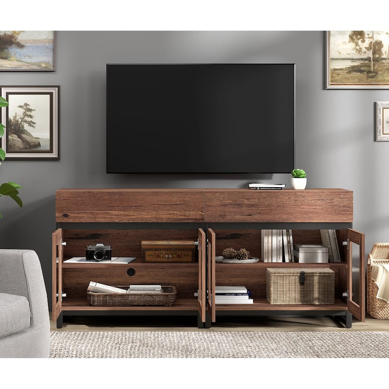 WAMPAT Modern TV Stand with Glass Doors for 110 inch TVs, Entertainment Center Console with 3 Drawers and Metal Base