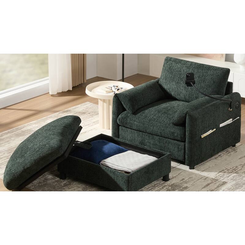 Roomfitters 37" Single Sofa with Storage Ottoman, Chenille Armchair with Phone Holder and Charging Ports, Lounge Chair