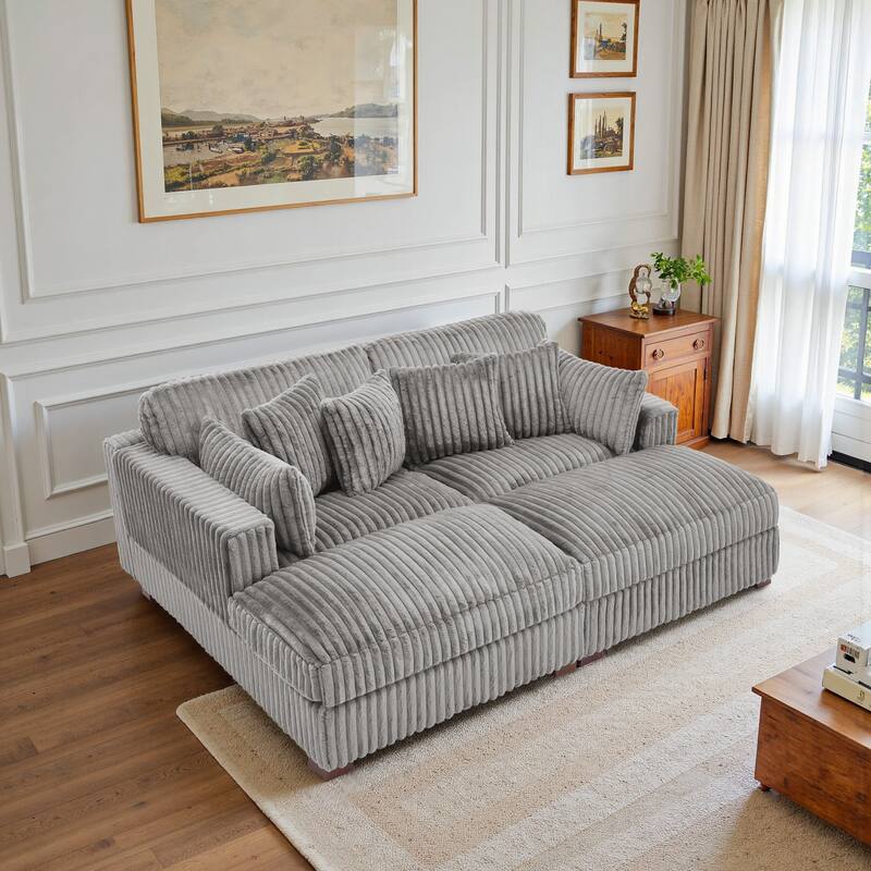 82" W Plush Corduroy Modular Sectional Sofa Chaise Lounge - Light Grey&4 Pillows