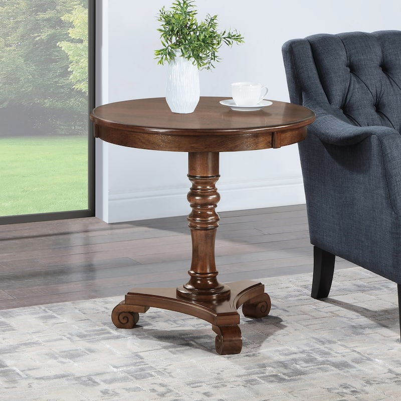 Pedestal End Table Solid Wood Veneer Finish with Turned Body Scroll Feet Traditional Accent Table for Any Room - 25.5