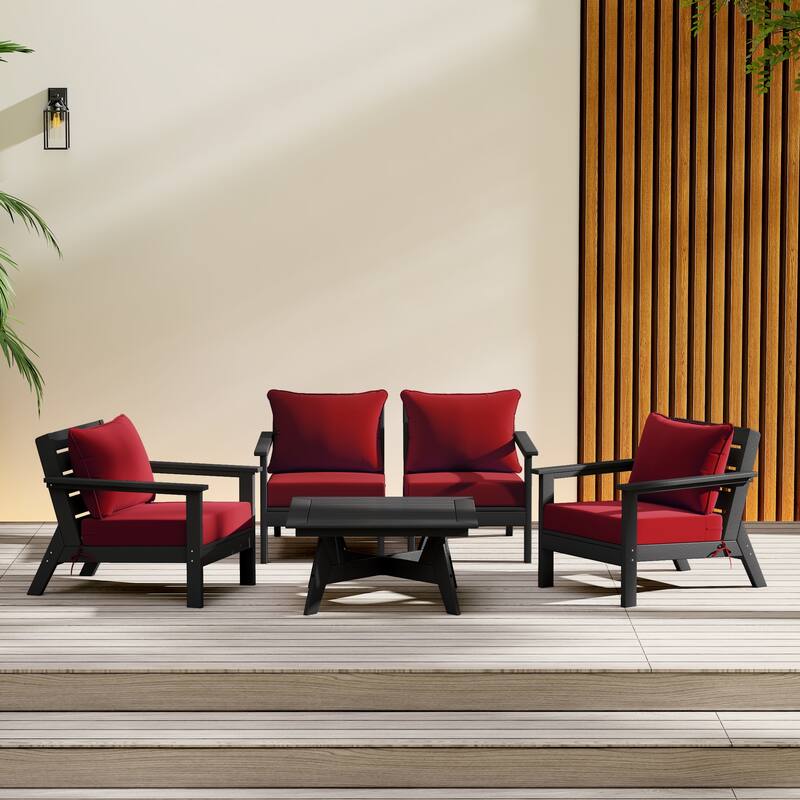 Birchwood All Weather HDPE Outdoor Patio Black Deep Seating Conversation Set (5-Piece Set) - Black/Red