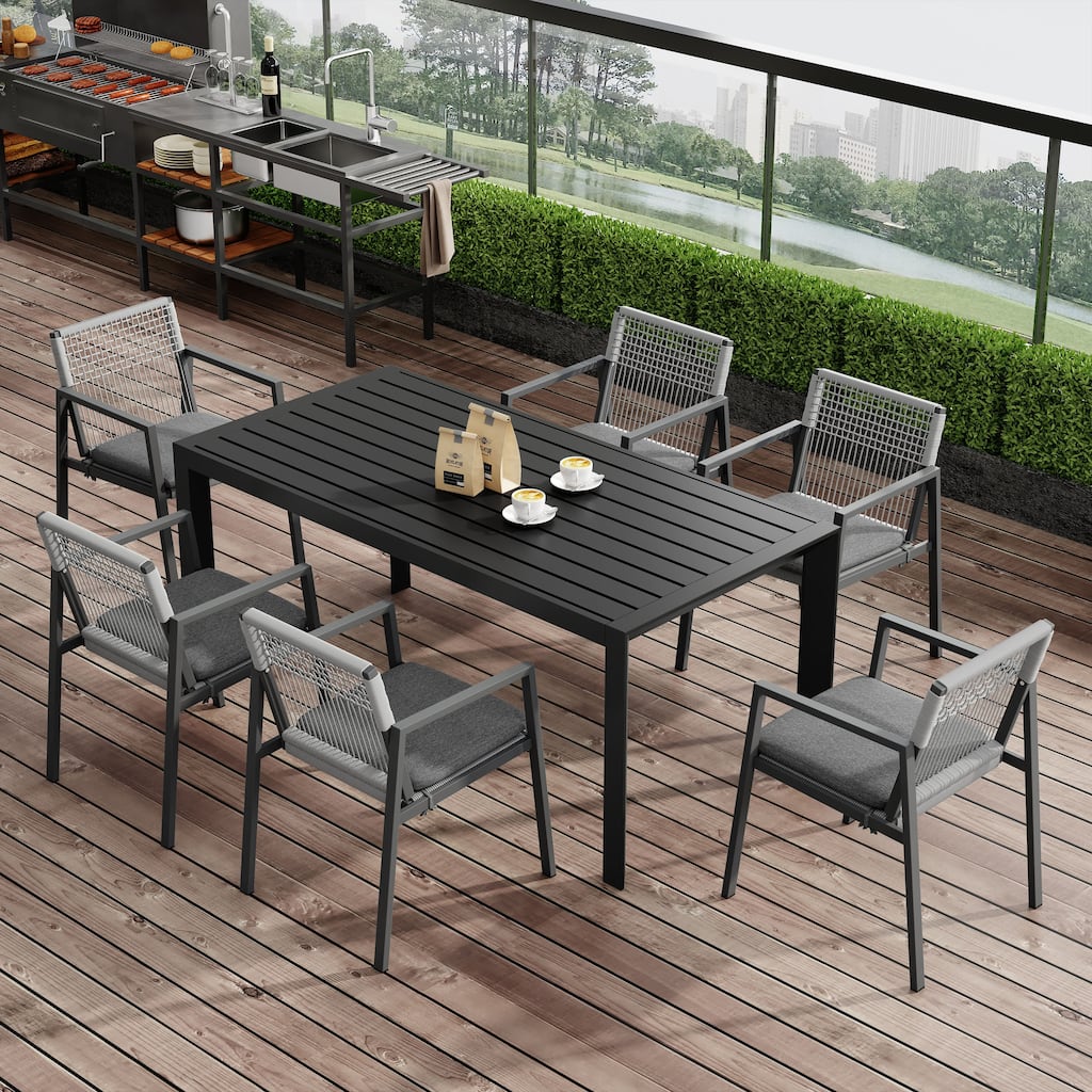 Christopher Knight Home - Madison Outdoor Dining Set with Aluminum Rope-Woven Chairs and Slat-Panel Table