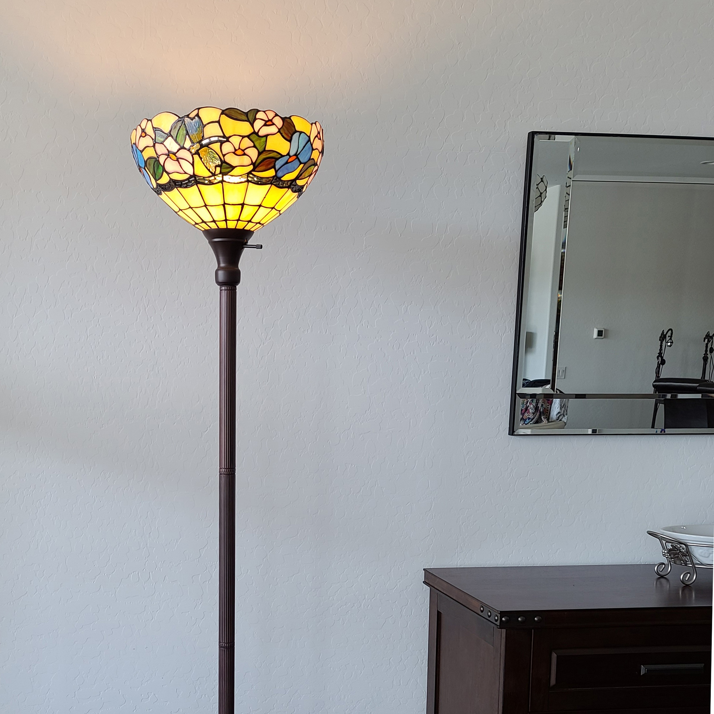 Amora Lighting 70 in. Tall Tiffany style Hummingbirds Floral Torchiere Floor Lamp