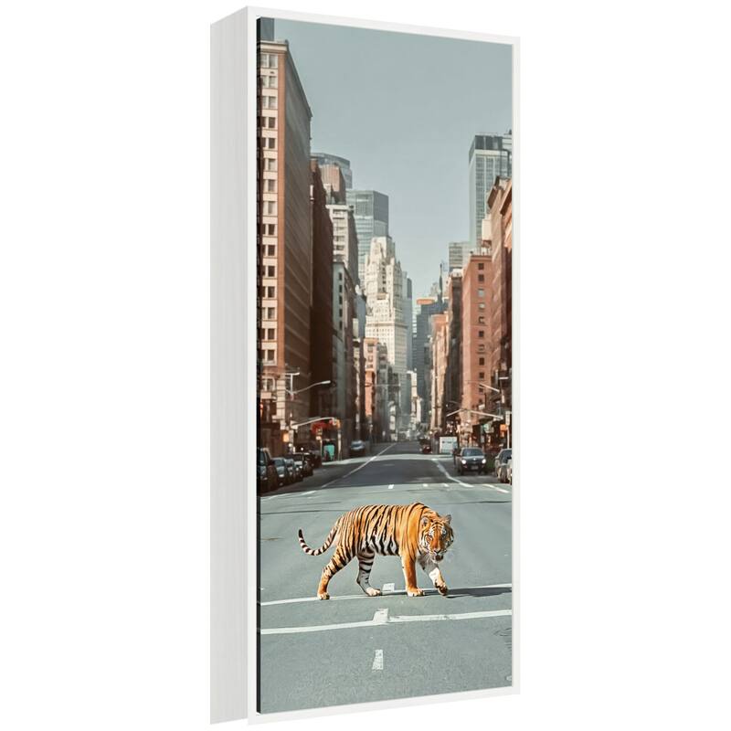 Kate and Laurel Sylvie Urban Tiger in the City Framed Canvas by Michael Schauer - 18x40 - White