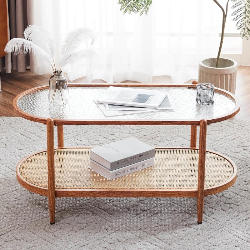 VINGLI Double-Layer Oval Ripple Glass and PE Rattan Tabletop Paired with Heat Transfer Wood Grain Iron Frame Coffee Table - Oak