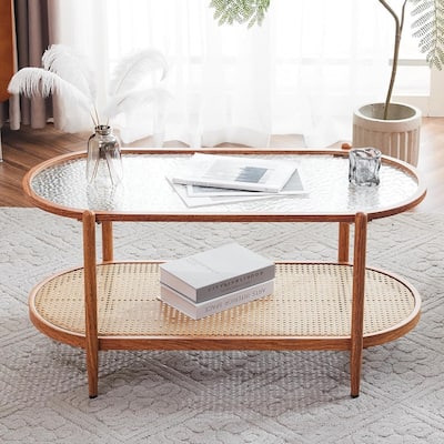 VINGLI Double-Layer Oval Ripple Glass and PE Rattan Tabletop Paired with Heat Transfer Wood Grain Iron Frame Coffee Table