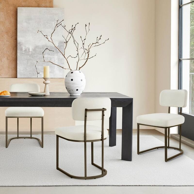 Spruce & Spring Arthur Dining Chair Set with Brass or Black Frame - Set of 3 - Ivory White-Brass Frame