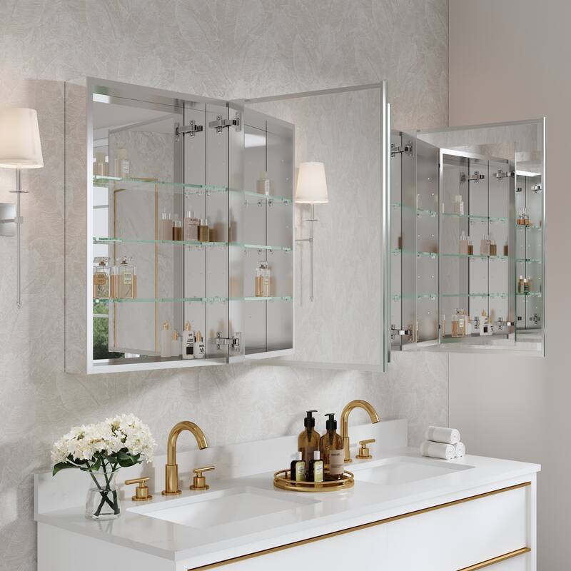 52"W X 30'H Bathroom Recessed or Surface Wall Mount Medicine Cabinet With Adjustable Glass Shelves