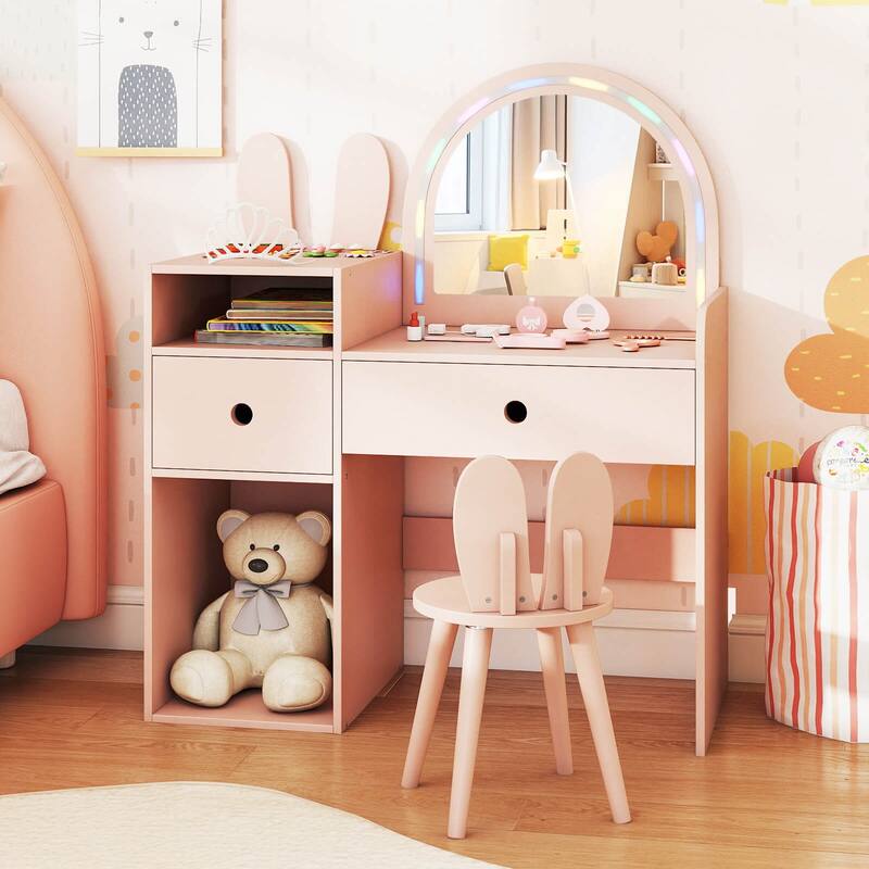 Costway Princess Bunny Makeup Table with Lighted Mirror, Open Shelves - See Details
