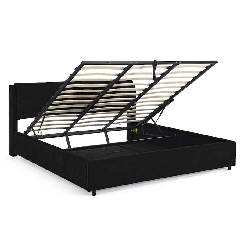 King Size Storage Upholstered Hydraulic Platform Bed with Integrated Headboard, Chenille Fabric, Black