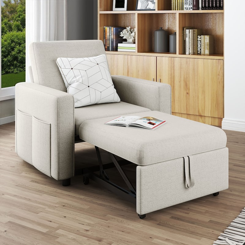 3-in-1 Convertible Sofa Chair Bed with Pull-Out Sleeper and Reclining Lounge for Living Room or Small Space Comfort - Beige