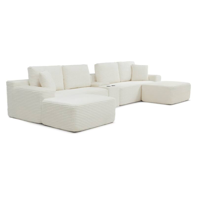 125'' U-Shaped Corduroy Sectional Sofa with Cup Holders, USB Ports and 2 Ottomans