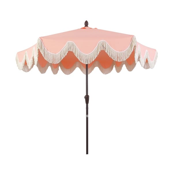 slide 2 of 15, 9ft Tassel Patio Umbrella Auto-Tilt, Crank , by JONATHAN Y Coral Pink/Cream