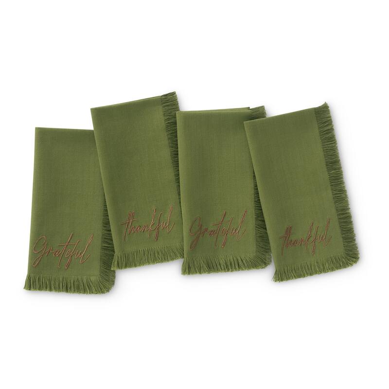 Fringed Harvest Sentiment Napkins, Set of 4 - 17x17 - Olive