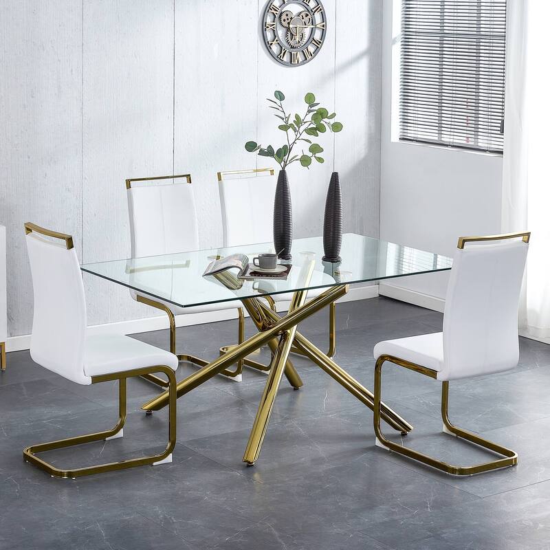 Modern Dining Chairs PU Faux Leather High Back Upholstered Side Chair with Golden C-shaped Tube Chrome Metal Legs