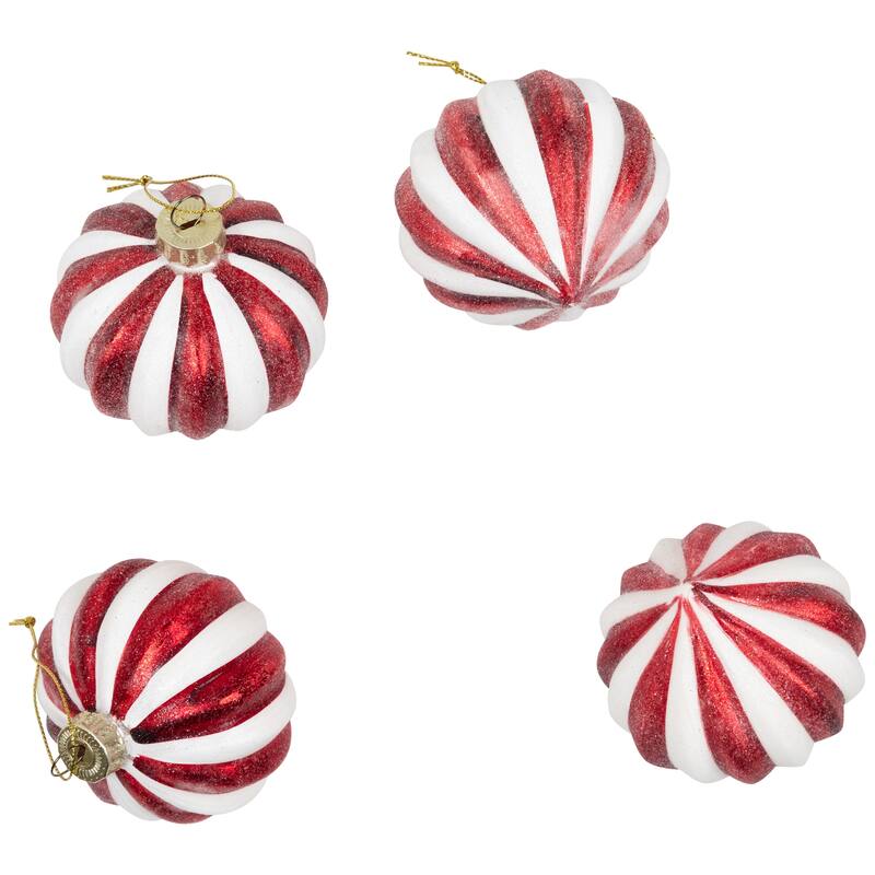 4Ct Red White Glittered Candy Cane Onion Glass Christmas Ornaments 3"