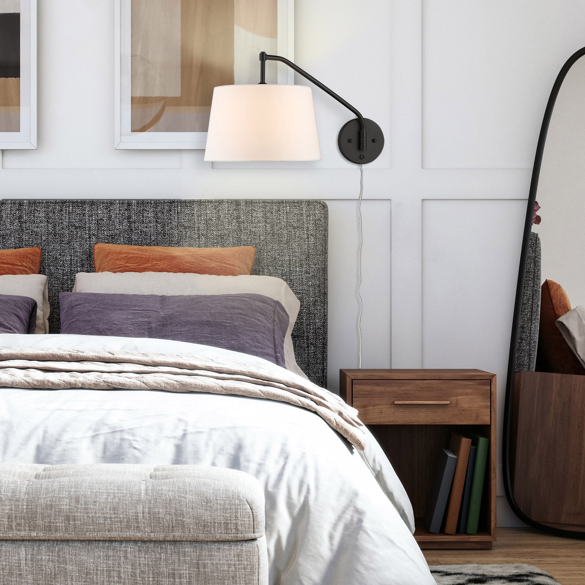 Golden Lighting Ryleigh 1-Light Swing Arm Wall Lamp - Matte Black - Modern White Shade - 12"x11.5"