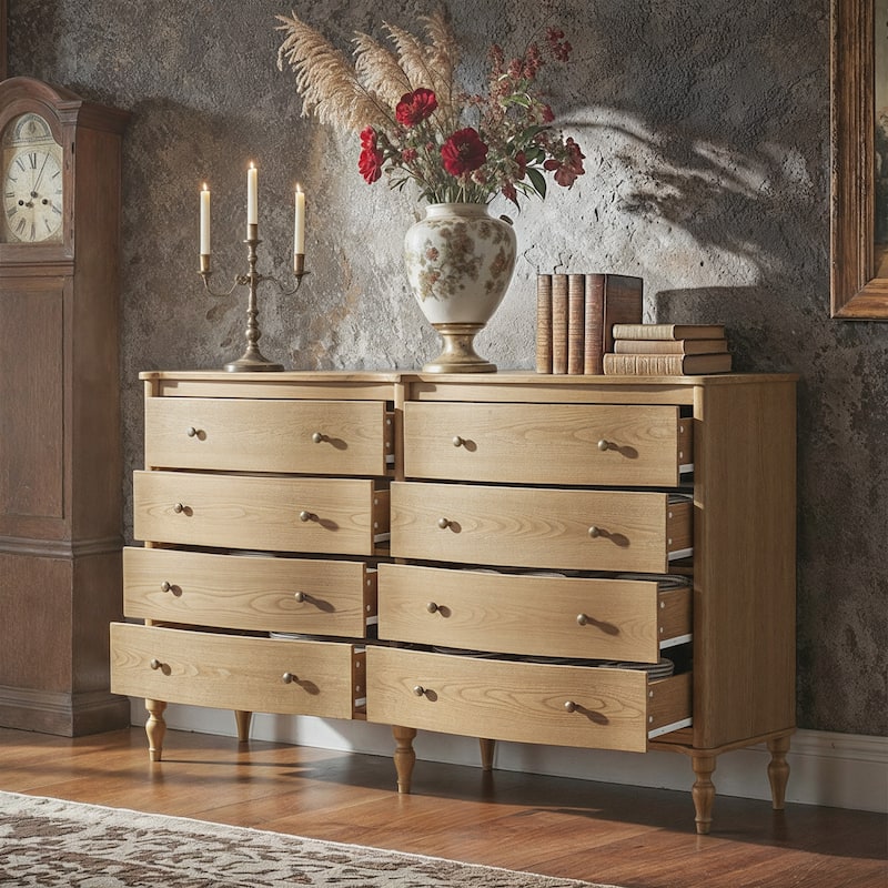 Elegant 8-Drawer Dresser with Solid Wood Legs, Vintage Curved Front Chest of Drawers for Bedroom Storage