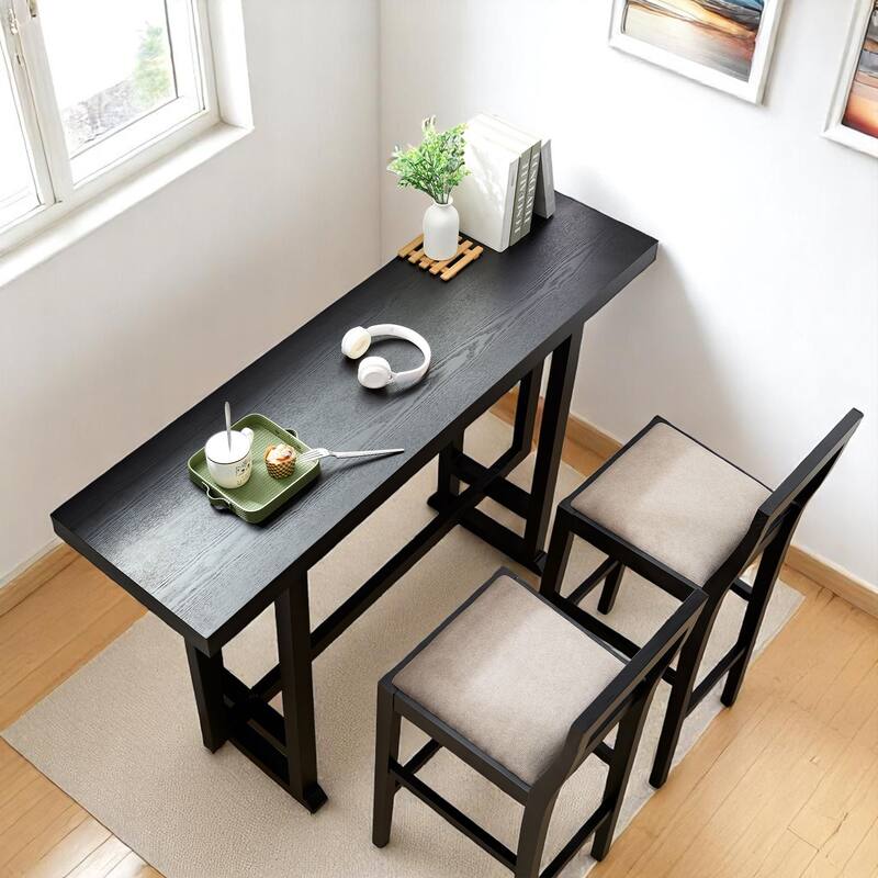 3-Piece High Top Bar Table and Chair Set, Solid Wood Frame Pub Table for Dining Room, Kitchen, 74" Rectangular Design