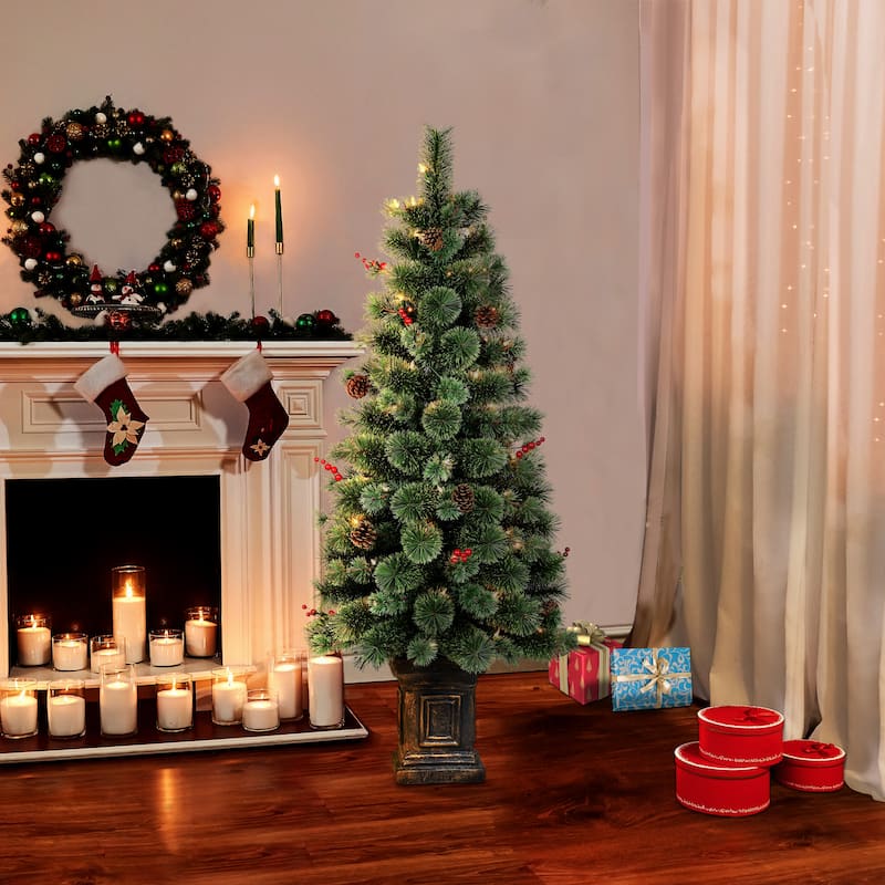 Puleo International 4.5 ft. Pre-Lit Potted Natural Pine Artificial Christmas Tree