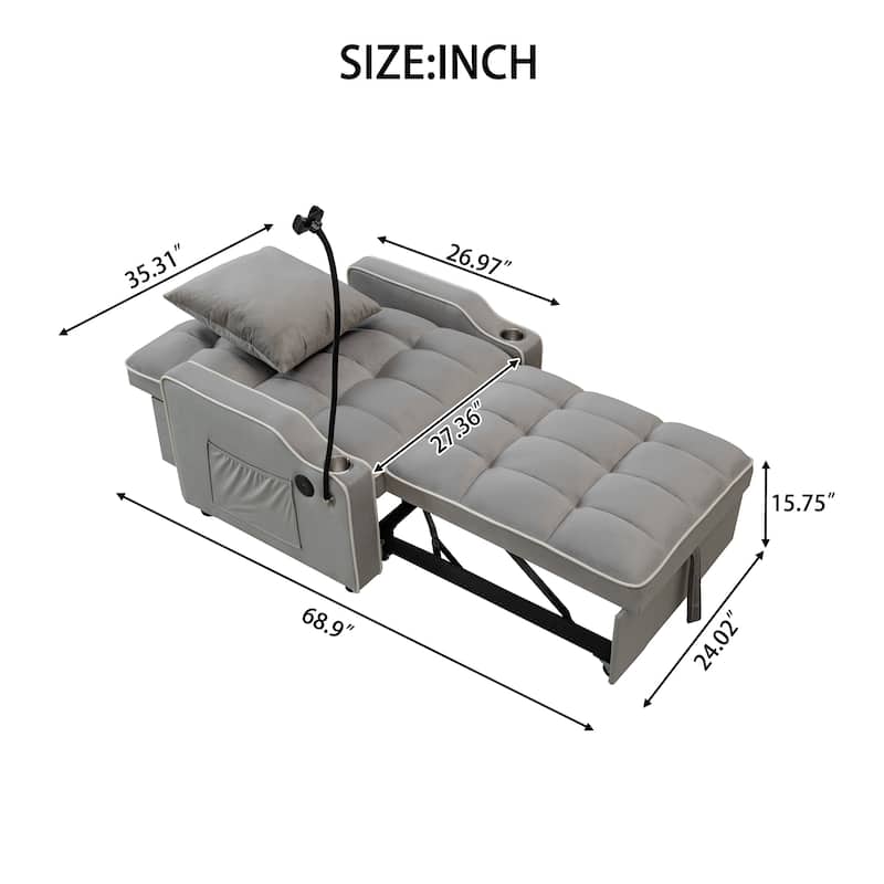 Convertible Single Chair Bed, Sleeper Sofa Bed with Phone Holder & USB Ports,Pull Out Couch Bed with Adjustable Recliner
