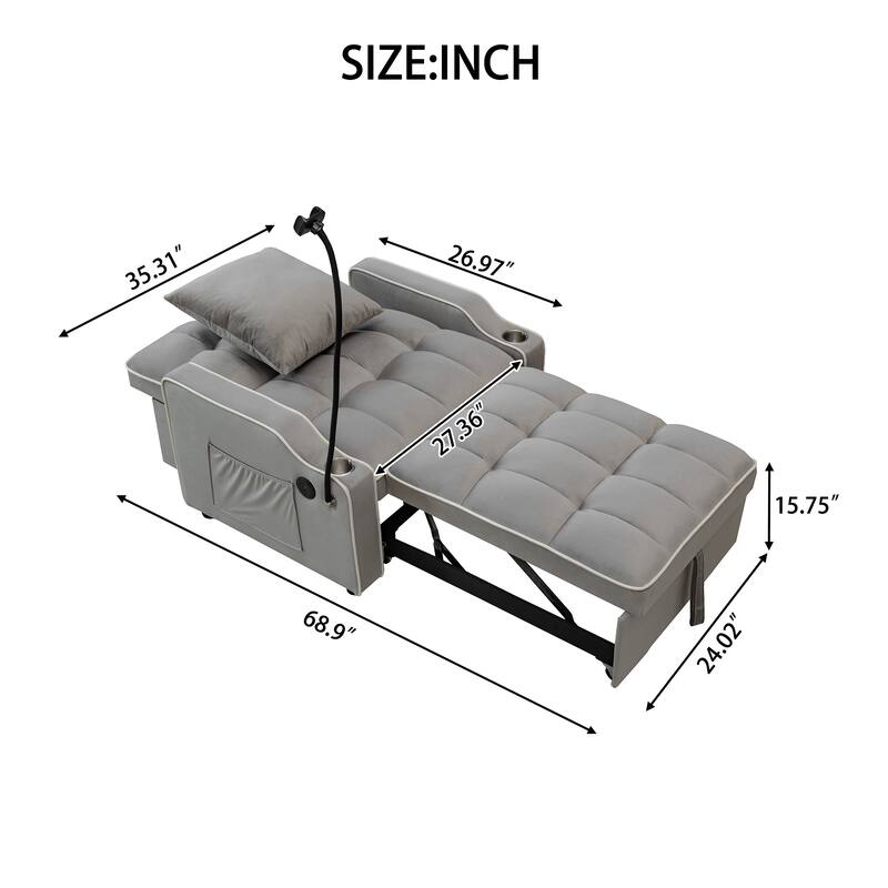 Convertible Single Chair Bed,3 in 1 Velvet Futon Sleeper Sofa Bed with Phone Holder & USB Ports,Pull Out Couch Bed