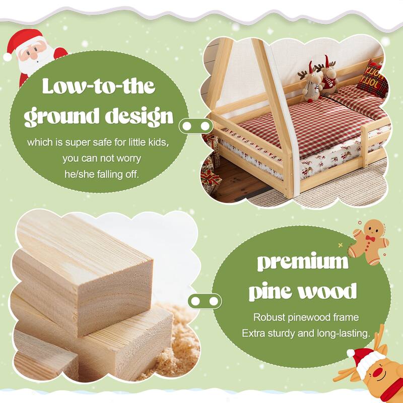 House Floor Bed with Tent and Light Montessori Kids Wood Bed Frame