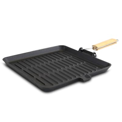 General Store Addlestone 14 Inch Pre-Seasoned Cast Iron Grill Pan with Foldable Wooden Handle
