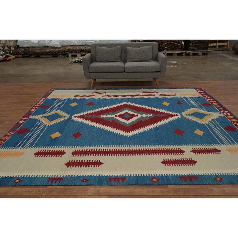 Hand Woven Oriental 100% Wool Carpet Southwestern Tribal Navy Blue & Blues Kilim Area Rug - 9' 11'' X 10' 0''