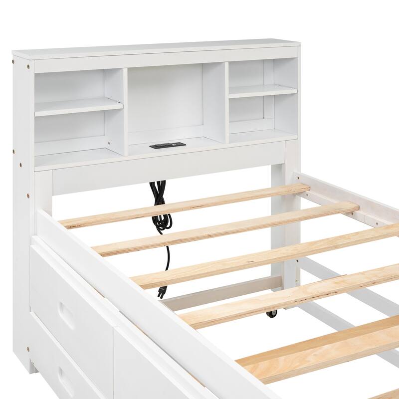Twin Size Platform Bed with Storage Headboard and USB, Pull-out Trundle Bed and Drawers Storage Bed for Bedroom, Apartment