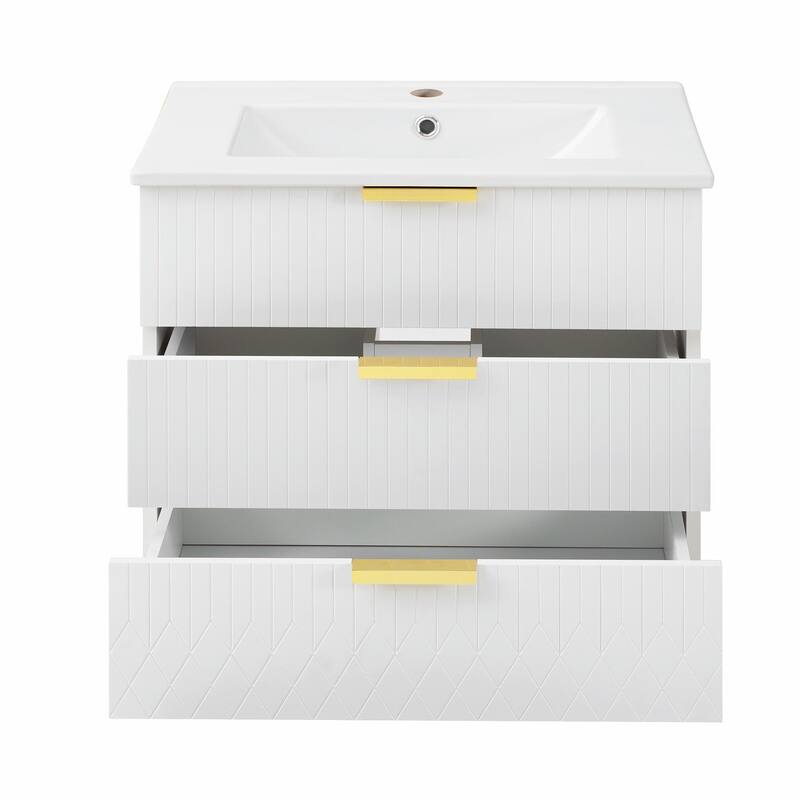 24-inch Wall-Mounted Floating Cabinet with Double Drawer, Rectangular Vanity Sink