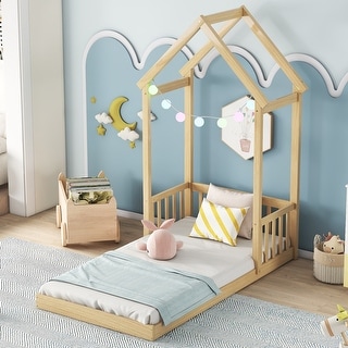 Twin Roof-Framed Headboard Floor Bed w/Headboard Guardrails, Natural