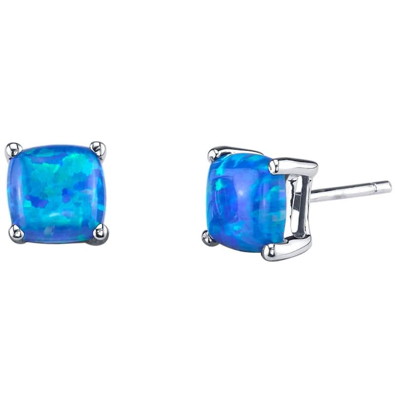 14k White Gold Blue Opal Stud Earrings 1 ct Cushion Shape
