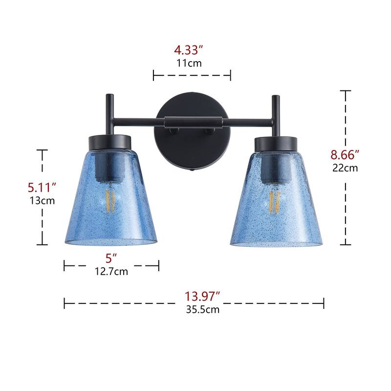 Rustic Farmhouse Black 2-Light Wall Sconce with Blue Seeded Glass Shade