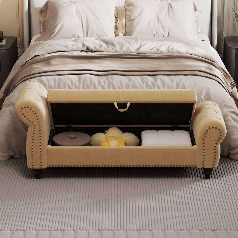64.5" Storage Bench for Bedroom, Large Capacity Upholstered Ottoman, End of Bed Tufted Chaise Lounge with Rolled Arm