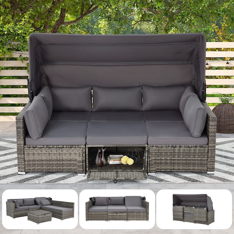 EROMMY 6-Piece Patio Furniture Set, Rattan Daybed with Canopy and Adjustable Backrest - Gray