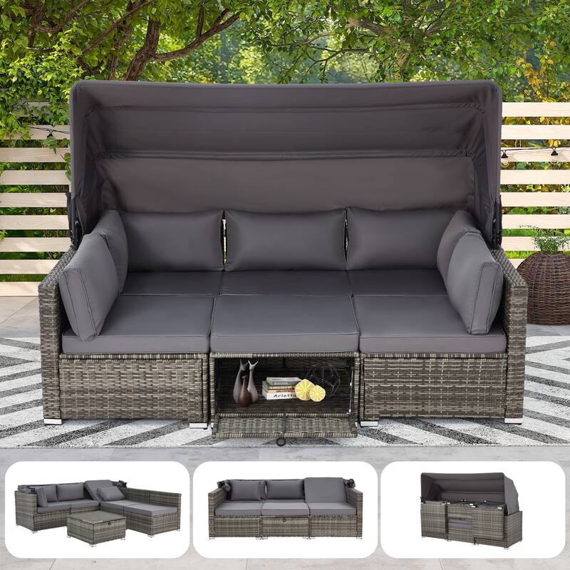 Erommy 6-Piece Patio Set - Rattan Daybed with Canopy & Adjustable Backrest - Grey