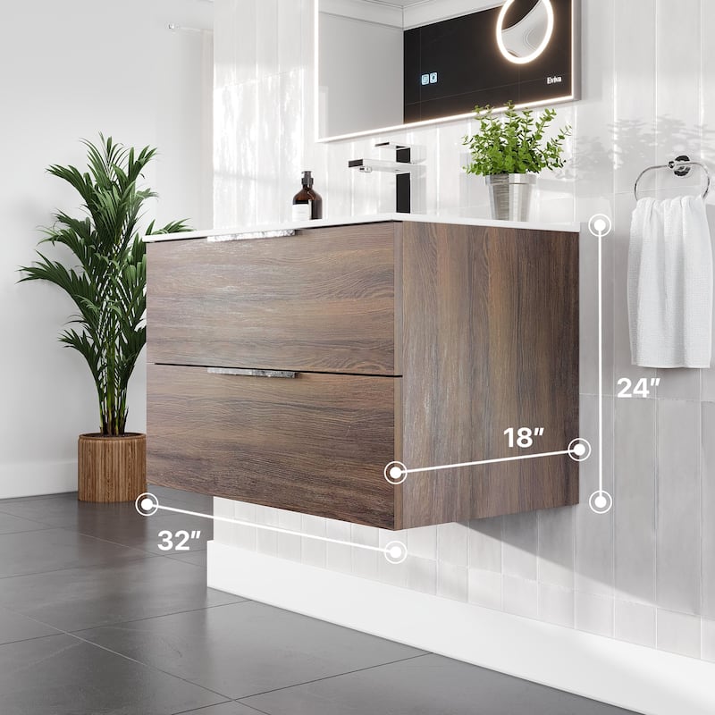 Marina 32 in. Wenge Wall MountSingle Sink Bath Vanity with Porcelain Top and Integrated Sink