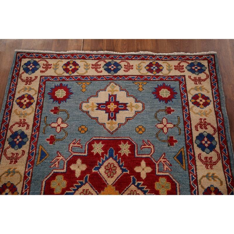 Light Blue Geometric Kazak Oriental Accent Rug Handmade Wool Carpet - 3'6" x 4'11"